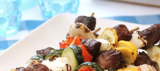 Sirloin and Summer-Vegetable Kebabs with Gorgonzola Port Sauce
